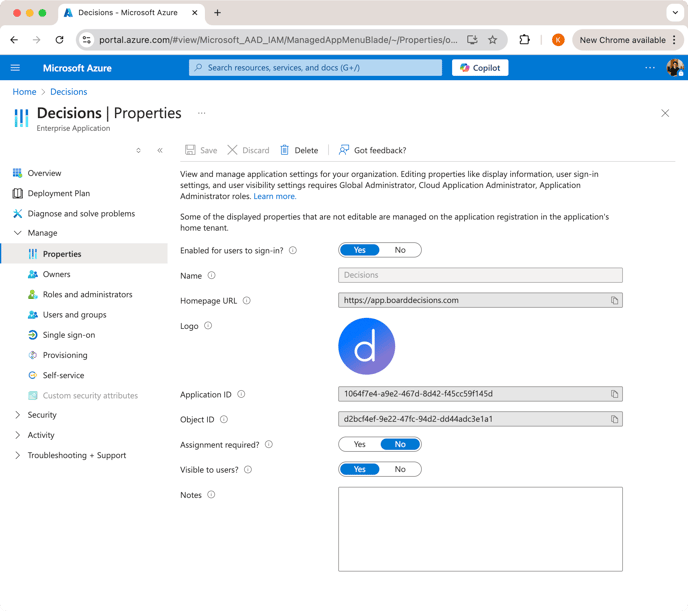 Decisions Azure Settings Ensure Assignment Required is No 