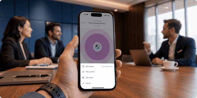 Hand holding a smartphone running the Decisions meeting app, showing the 'New meeting summary' recording screen with options to add images, take a photo, or edit notes, during a boardroom meeting with colleagues in the background.