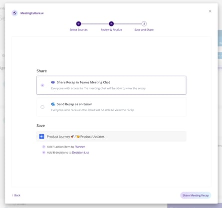 Screenshot showing where to sync tasks and decisions from in the Meeting Recap generation workflow.