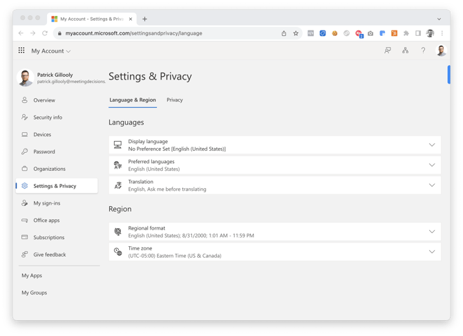 M365 'My Account' language settings dashbaord