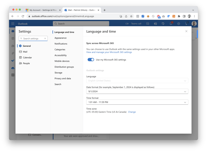 Outlook language settings